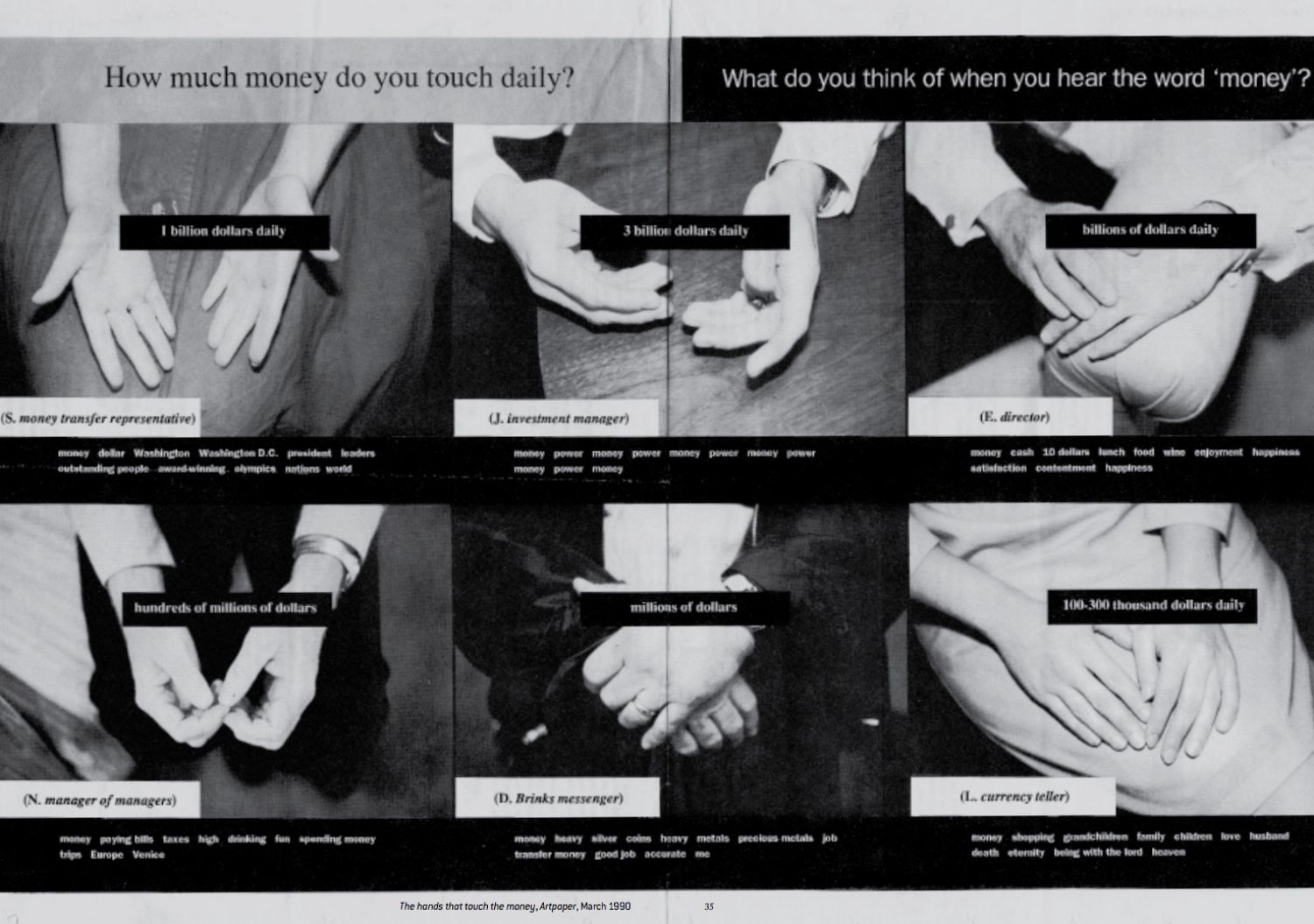 Sophie Calle, «The hands that touch the money, Artpaper», March 1990